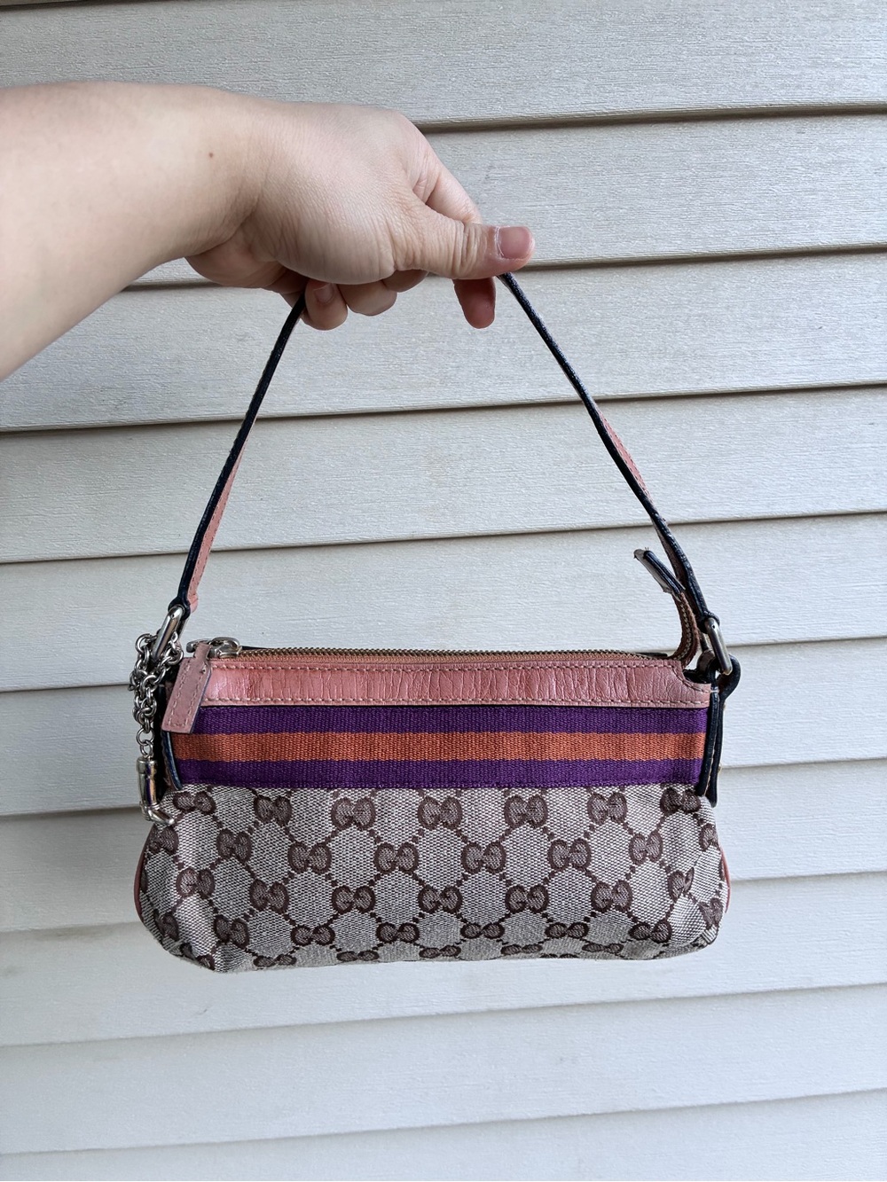 Rare piece !! Gucci Canvas Mini charm Shoulder Bag with Pink & Purple Accents
